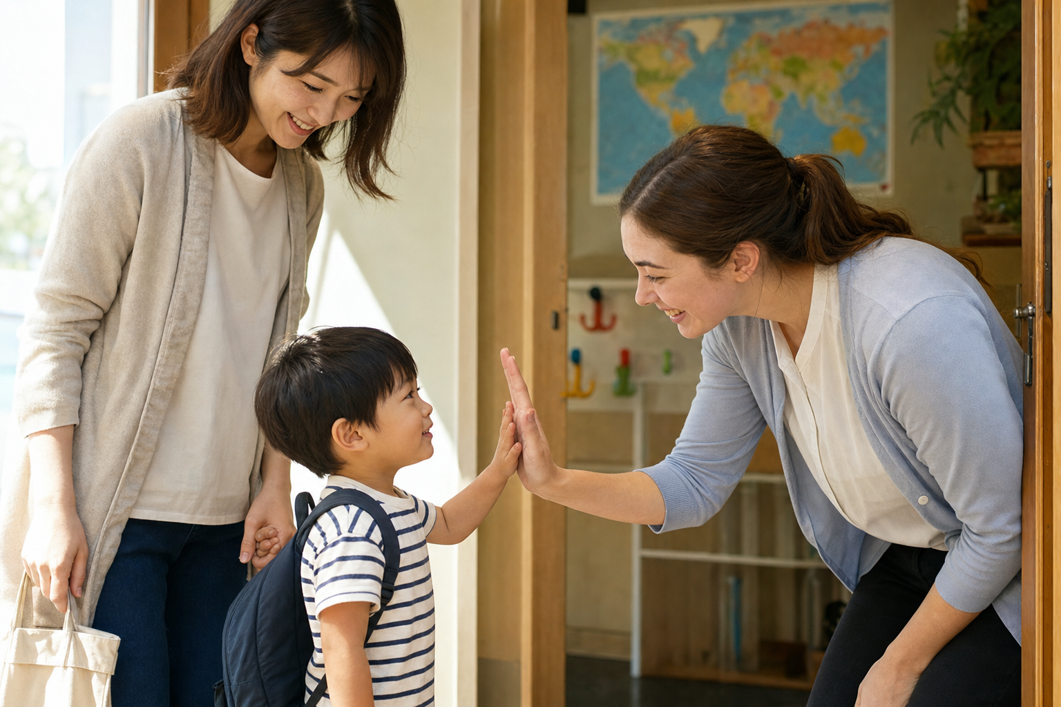 保護者と子どもが教室に到着し講師に迎えられる様子